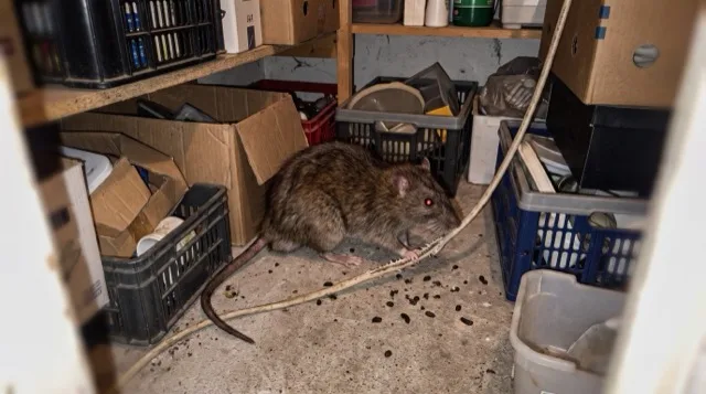 Ratte an angenagtem Kabel im Keller